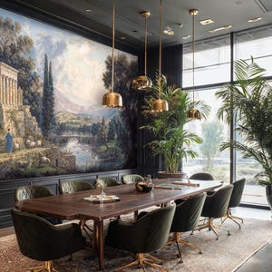 May include: A conference room with a large wooden table and green velvet chairs. A landscape mural adorns the wall, and gold pendant lights hang from the ceiling. Large windows offer a view of the outdoors.