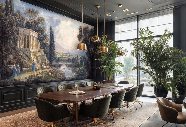 May include: A conference room with a large wooden table and green velvet chairs. A landscape mural adorns the wall, and gold pendant lights hang from the ceiling. Large windows offer a view of the outdoors.