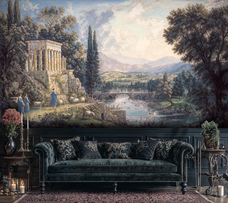 May include: A detailed mural depicting a classical landscape with a temple, figures, and sheep near a river and bridge. The mural is above a dark green velvet sofa with decorative pillows. The scene evokes a sense of history and tranquility.
