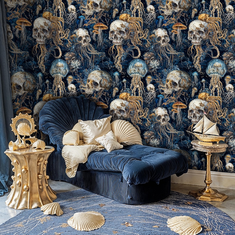 A creative bedroom comes alive with this wallpaper’s dramatic artistry. The detailed nautical gothic motifs—tentacled creatures and skulls—adorn the walls, inspiring imagination and adding an art gallery-like flair to the workspace.