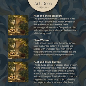 May include: Three different types of wallpaper are shown: Peel and Stick Smooth, Non-Woven, and Peel and Stick Canvas. Each type is described with its features and benefits. The image includes a visual representation of the wallpaper with a countryside scene.