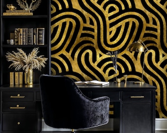 Black and Gold Art Deco Wallpaper - Geometric Abstract Peel and Stick Mural