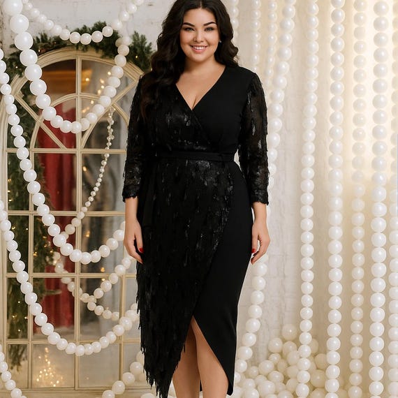 black midi dress holiday wrap plus size with sequin fringe. New Years party gown Revenge is a dish Navy Blue Color:Rouge The Italian Holiday Black