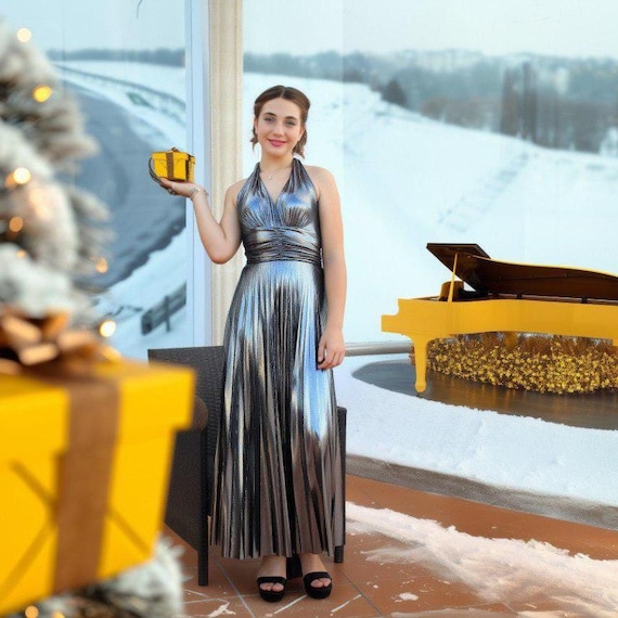 Metallic Mirror Backless Dress. New Years Holiday Party Gown with Pleated Skirt