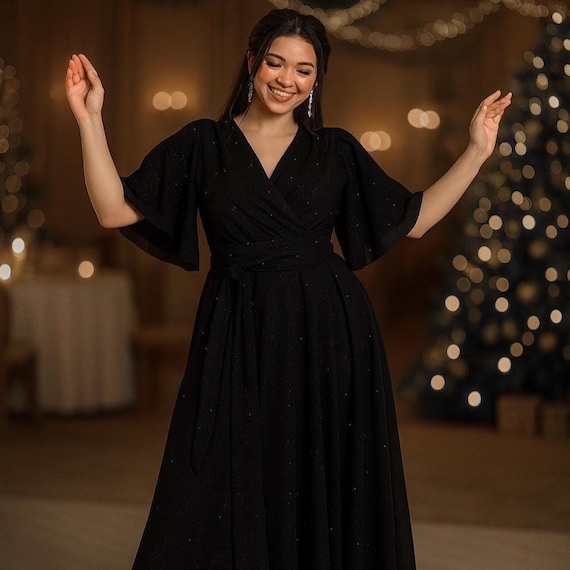 slim fit dress slacks Zeagoo Plus Size Glitter Dress Long Sleeve Ruffle Hem Swing Dresses – ZEAGOO