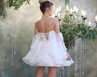 Сelestial, ethereal, back lace up corset dress, white short wedding dress, rehearsal dinner dress.
