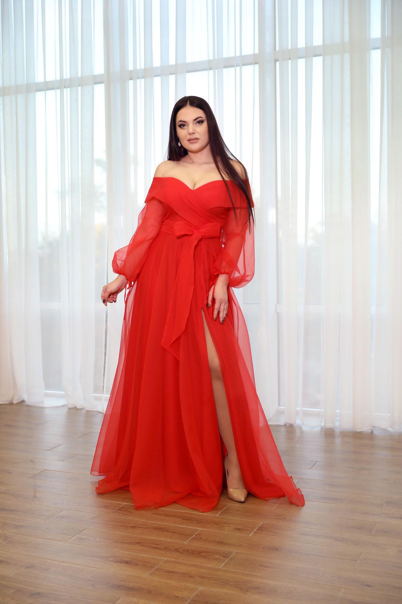 red off the shoulder chiffon dress Red Ruffle Off-Shoulder Chiffon Dress  Romantic Summer Outfit Red / S