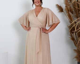 New Years gold glitter chiffon plus size formal maxi gown. Maternity dress with flutter sleeves