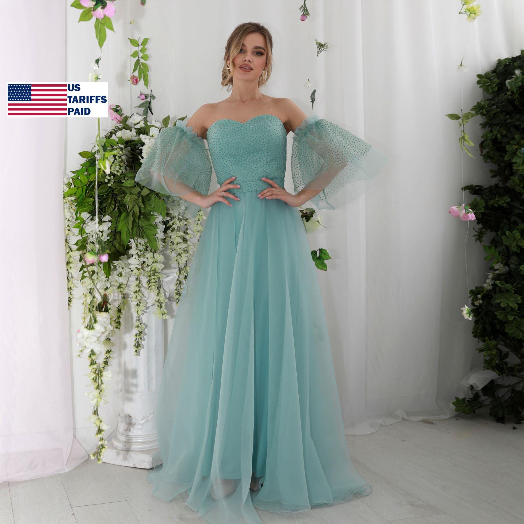 bridesmaid dress kl Mint Tulle Dress, Off Shoulder Maxi with Puffy Sleeves, Romantic A-Line Formal Gown Size:Infant 7 Choose from available sizes GL-06.25.26 Azazie Bondi Black Chiffon
