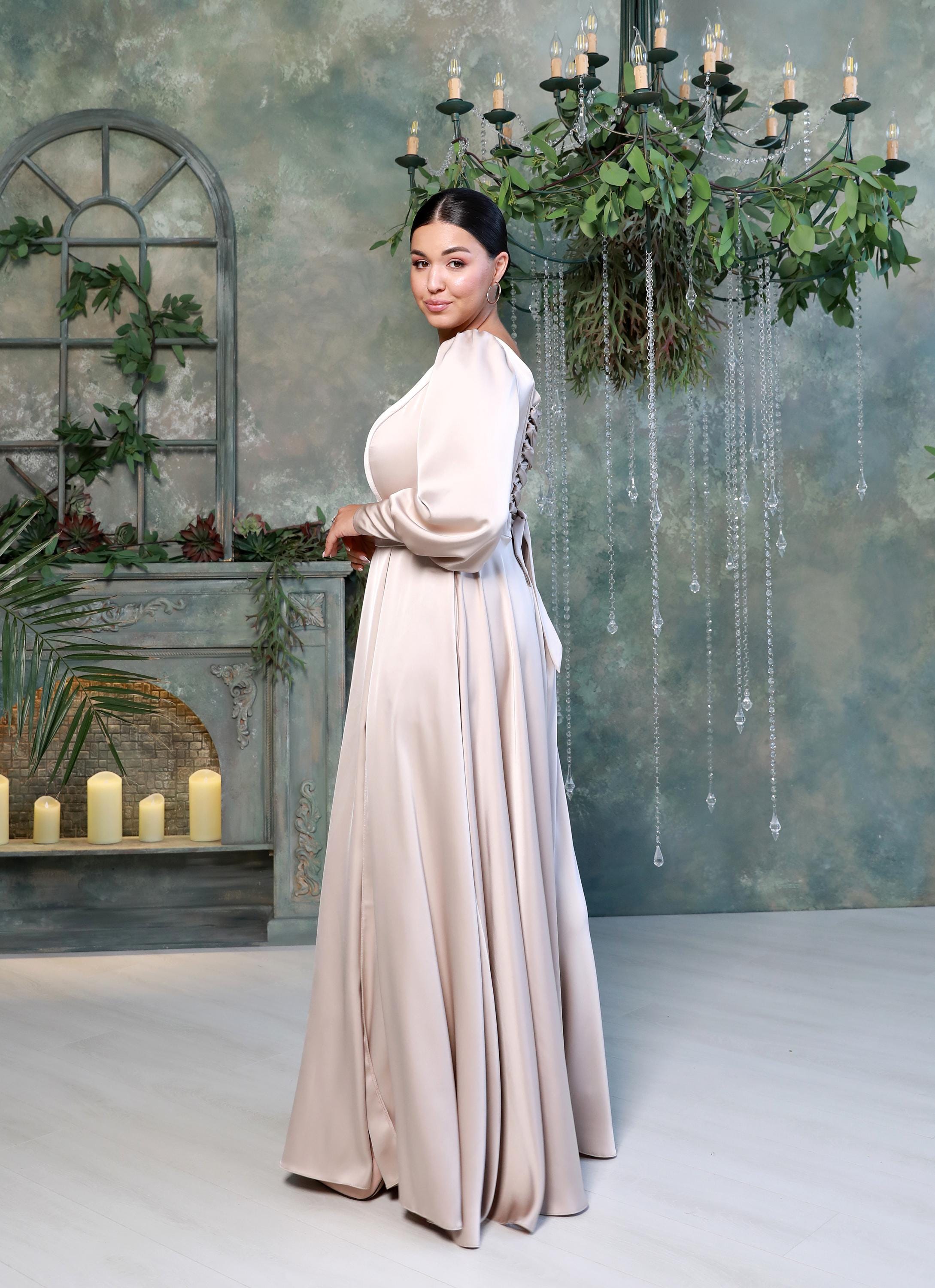 Mocha Silk Satin Maxi Dress. Italian fabric, lace-up back, long sleeves with zipper cuffs, A-line, floor-length