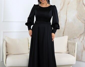 black long christmas dress Luxury satin maxi dress: lace-up back, sleeves, zipper cuffs, A-line, floor-length At this moment