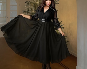 Black holiday party chiffon midi dress with sleeves and belt