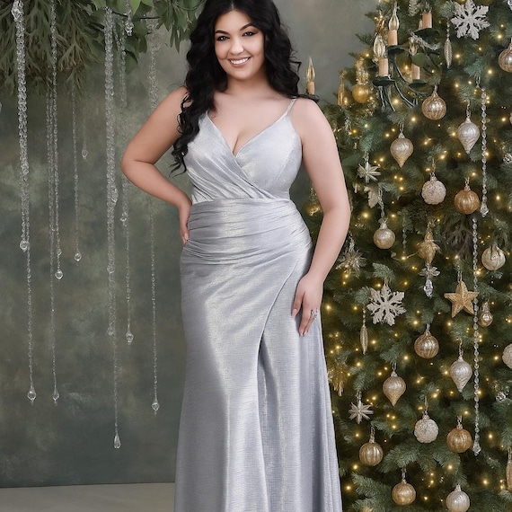 Formal plus size sparkly metallic evening gown with high slit: floor length, wrap V-neck Formal plus size sparkly metallic evening gown with high slit: floor length, wrap V-neck