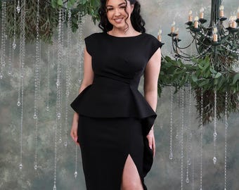 strapless open back dress Élise Pleated Peplum-Hem Blazer Dress in Black S / Black