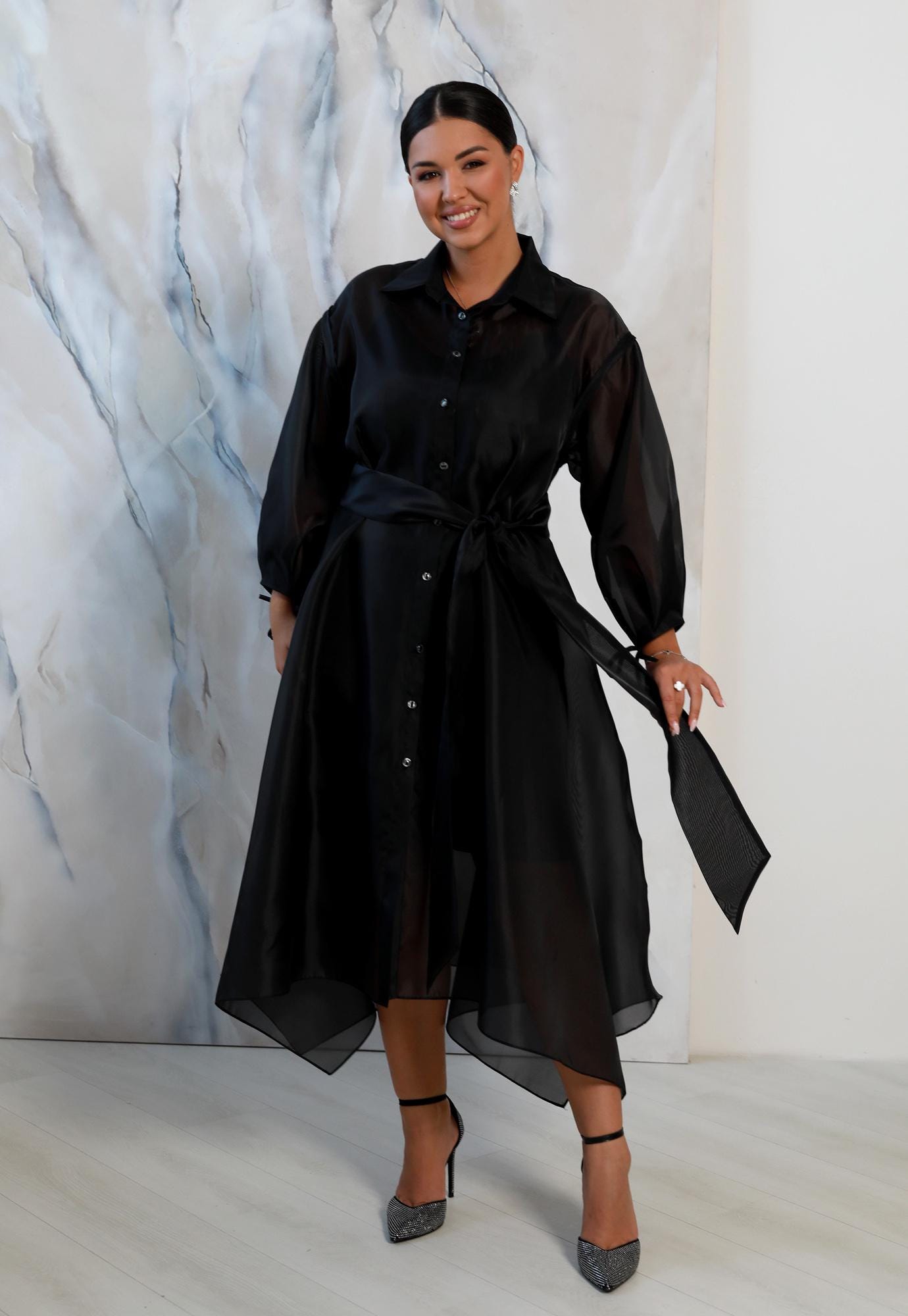 Organza Midi Shirt Dress Set: Pearly Sheer Overlay and Short Slip Dress.  Plus Size, Button Front, Belted Waist, Long Sleeves. - Etsy Israel