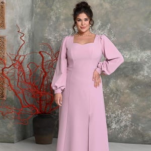 Classic A-Line Formal Evening Dress. Long Sleeve Gown with Voluminous Cuffs and Swallow Neckline