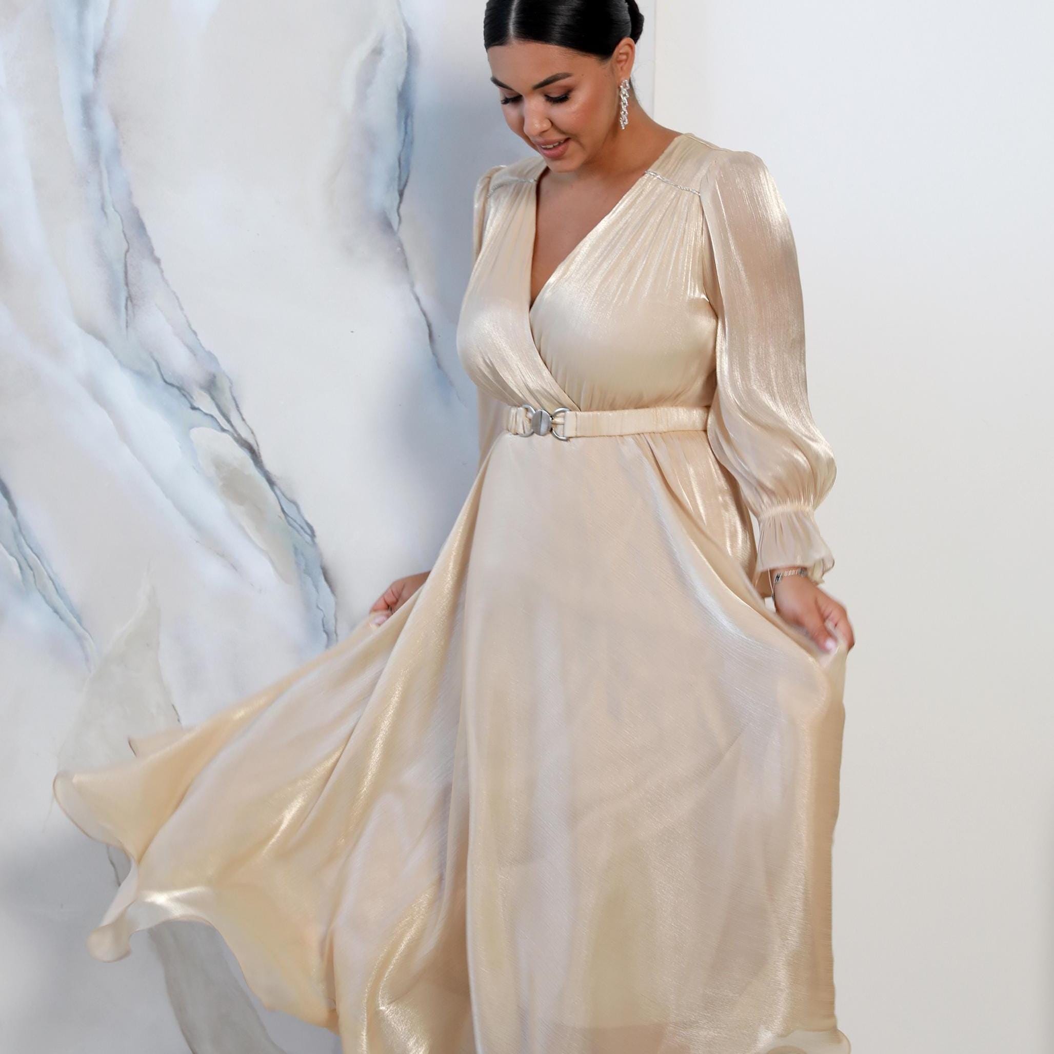green emerald velvet dress Zapaka Women Dusty Rose Chiffon Long Mother of The Bride Dress A Line V-Neck Ruched Wedding Guest Dress with Half Sleeves, Dusty Rose / US18W main image 1