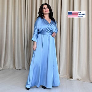 light blue maternity maxi dress Momyknows Blue Ruched Cowl Neck Backless Mermaid Maternity Maxi Dress Blue / S main image 1