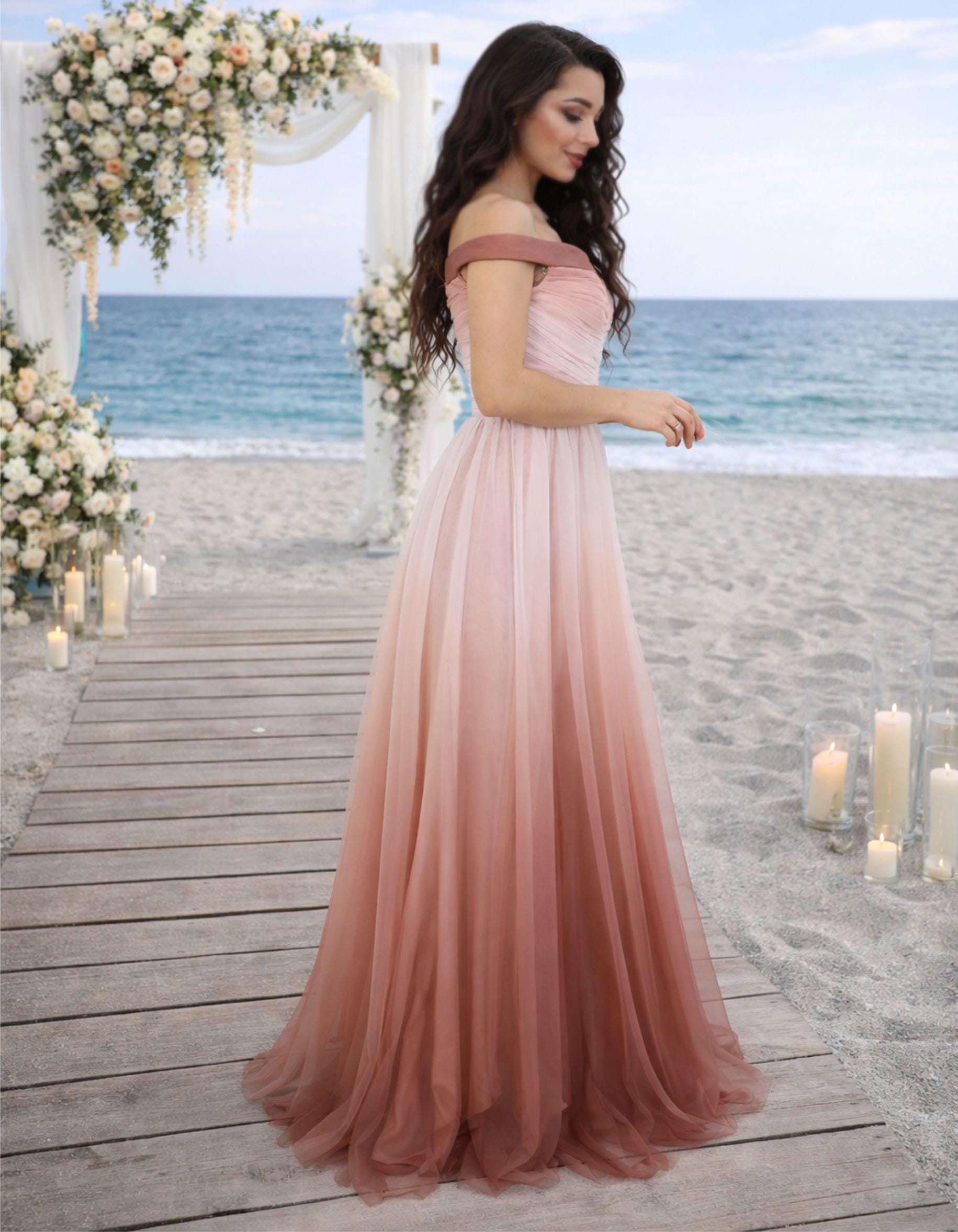 Ethereal ombre off-shoulder tulle bridesmaid maxi dress. Prom gradient evening gown with draped bodice.