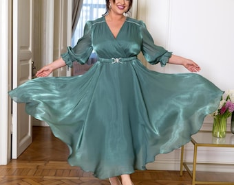 Plus Size Chiffon Midi Wedding Guest Dress: Long Sleeve, Wrap V-Neck, Belted Waist