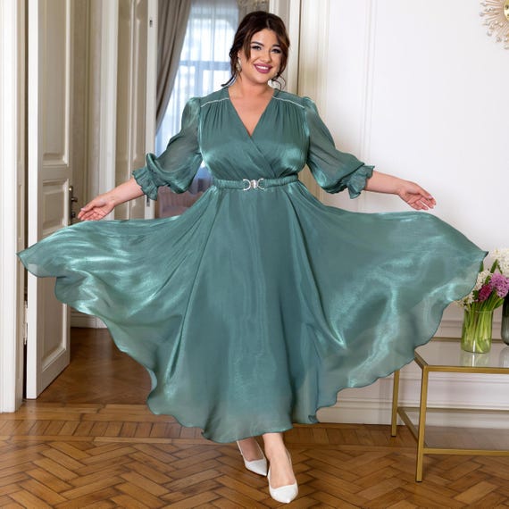 Plus Size Chiffon Midi Wedding Guest Dress: Long Sleeve, Wrap V-Neck, Belted Waist