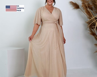 Sparkly chiffon plus size maxi wedding guest dress with flutter sleeves and belt.