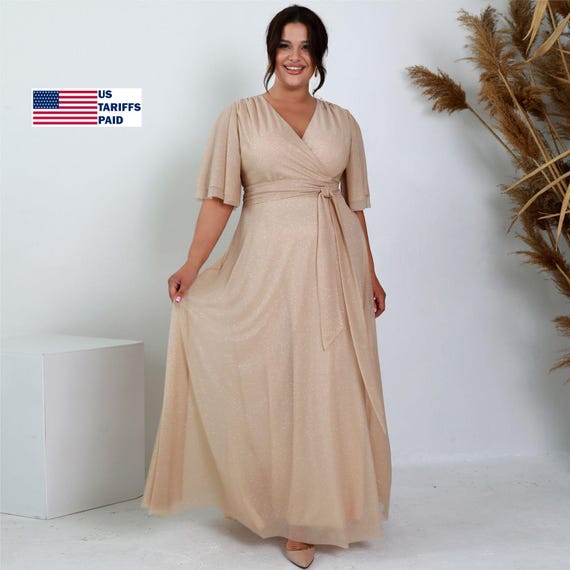 Sparkly Chiffon Plus Size Maxi Wedding Guest Dress With Flutter Sleeves and Belt
