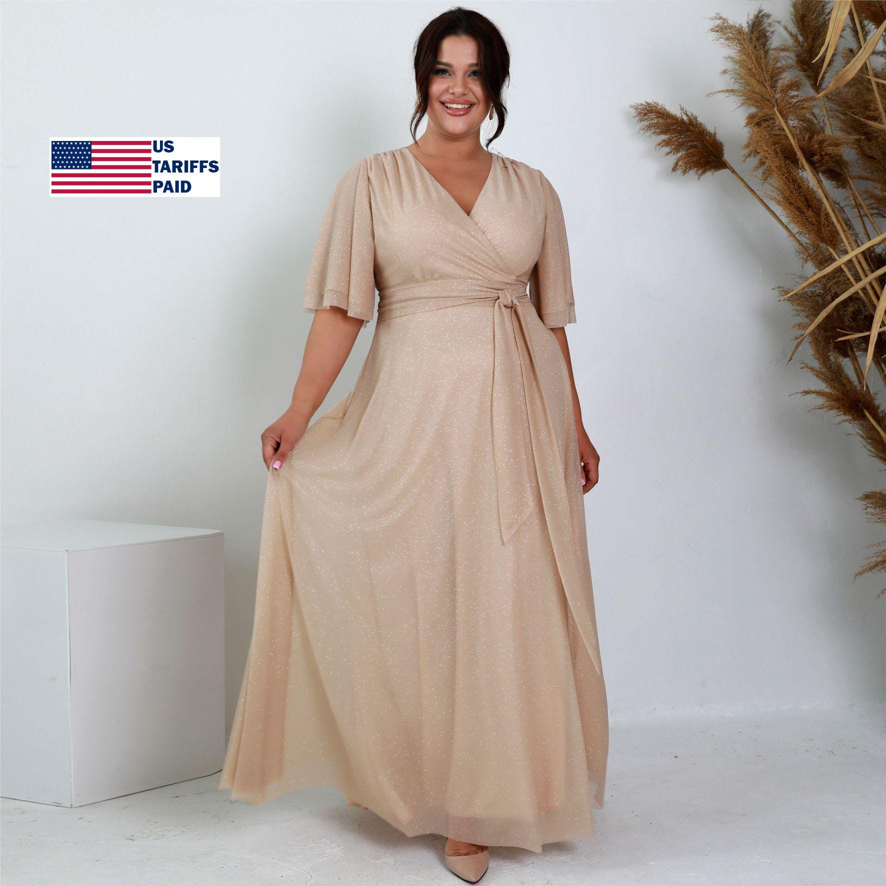 beige plus size formal dress Sparkly Chiffon Maxi Wedding Guest With Flutter Sleeves and Belt curve enhancing Dutton Ranch Beth Dutton Size:Large (106cm) / Short celebrating your curves with