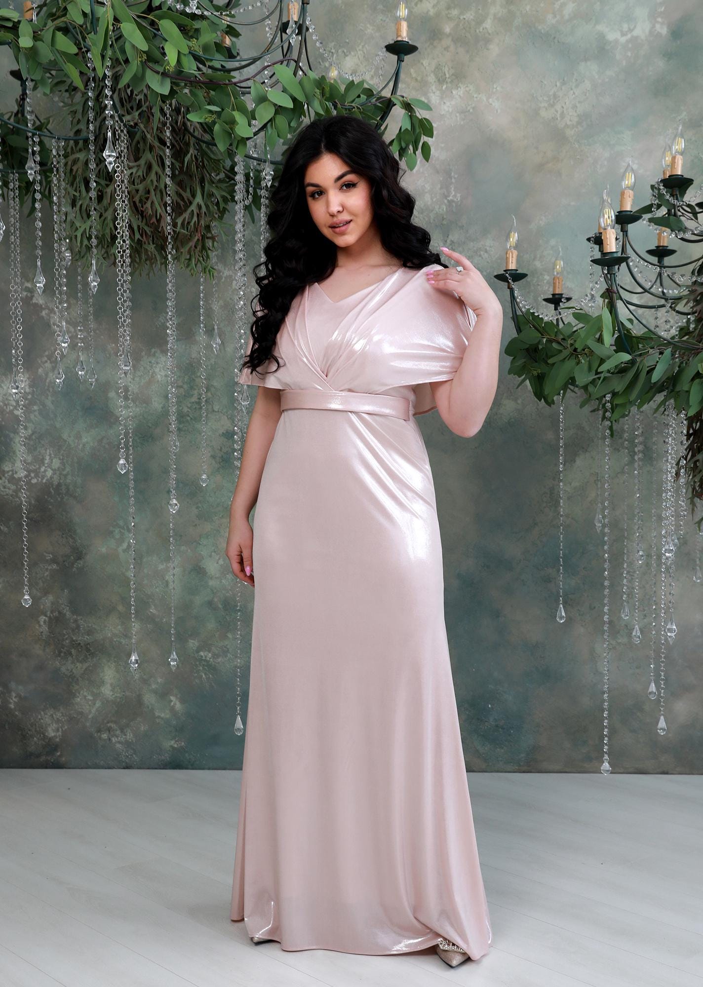 Elegant Glow Evening Gown | Draped Maxi Dress with Cape Sleeves