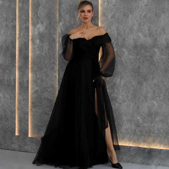 black long sleeve organza dress Gothic Wedding Organza Dress With Sheer Sleeves and Airy Skirt. Black Maxi  Bridal Ballgown