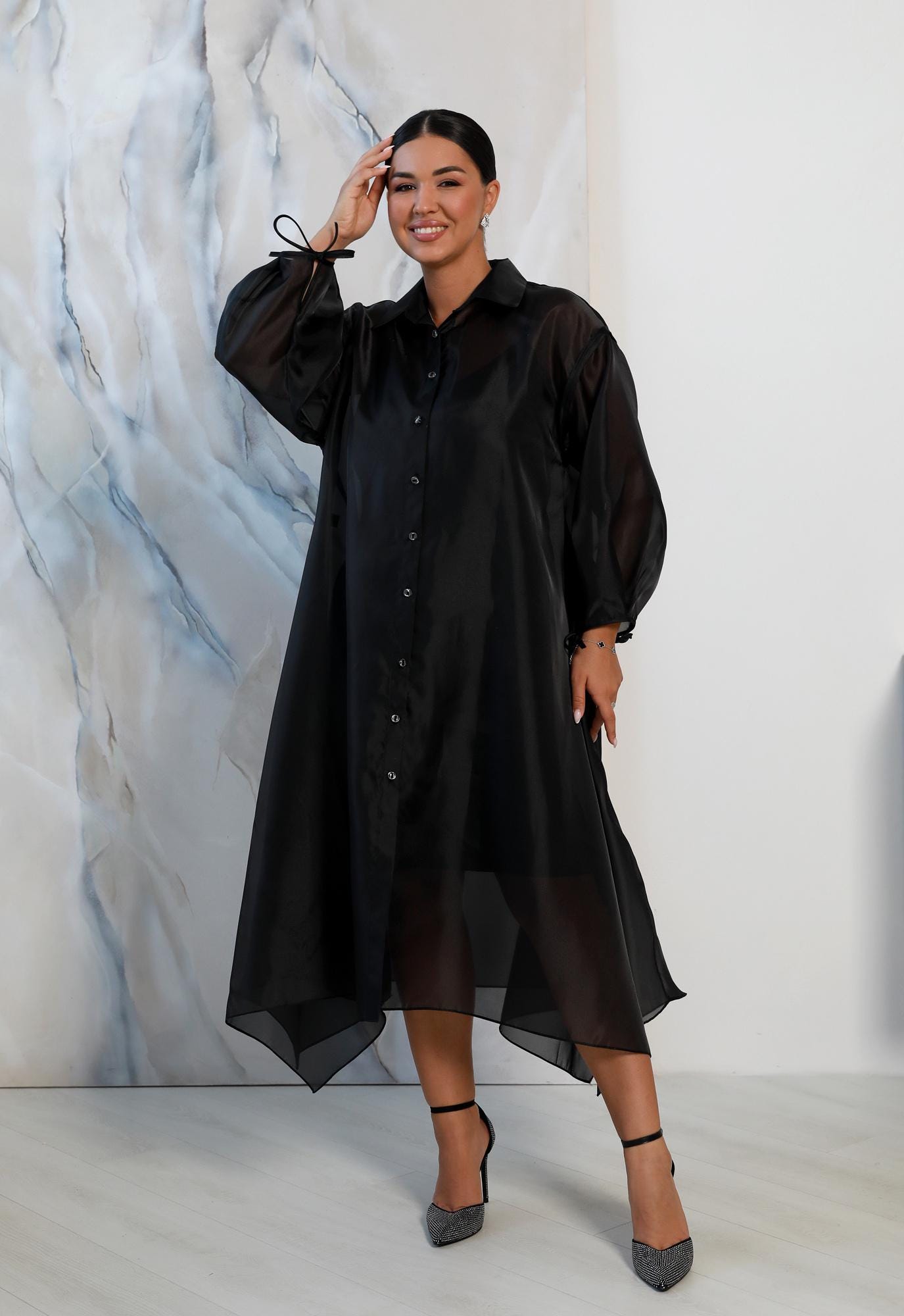 Organza Midi Shirt Dress Set: Pearly Sheer Overlay and Short Slip