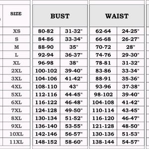 May include: A size chart with columns for US, European, and size labels, along with bust, waist, and hip measurements in inches. The chart includes sizes from 2 to 30.