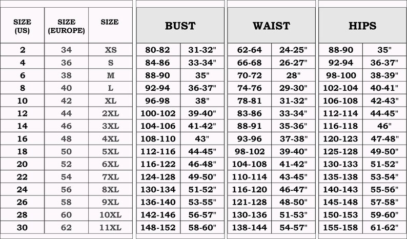 May include: A size chart with columns for US, European, and size labels, along with bust, waist, and hip measurements in inches. The chart includes sizes from 2 to 30.