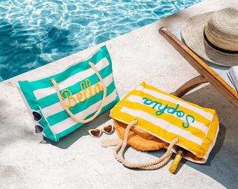 Custom Embroidered Beach Bag with Zipper, Large Pool Bag for Towels, Bridesmaid Proposal Gift, Bachelorette Girls Trip Favor