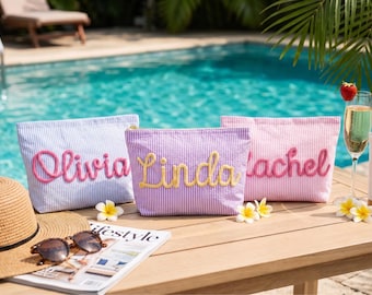 Custom Seersucker Makeup Bag, Preppy Striped Cosmetic Pouch, Personalized Travel Toiletry Bag, Sorority Beach Gift,Aesthetic Pouch for Women