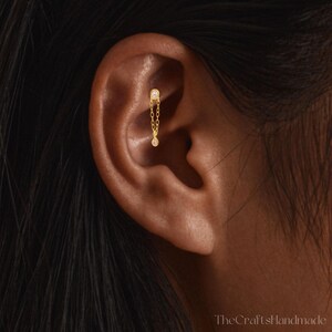 Boucles d'oreilles pendantes pour cartilage, 18 g, Piercing hélix diamant boule arrière en plaqué or pour cartilage, conque, tragus, chaîne