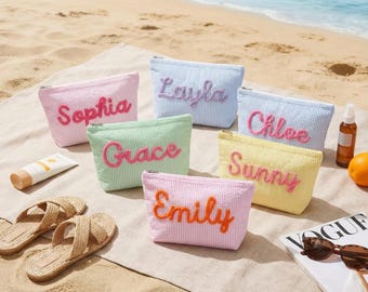 Custom Seersucker Makeup Bag, Preppy Striped Cosmetic Pouch, Personalized Travel Toiletry Bag, Sorority Beach Gift,Aesthetic Pouch for Women
