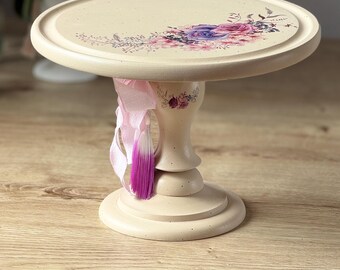 Ivory Floral Wooden Cake Stand, Romantic Dessert Pedestal, Shabby Chic Wedding Tea Party Decor