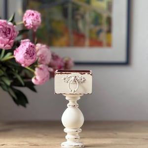 Wooden Pedestal Display Stand, Distressed Ivory Decorative Riser, Shabby Chic Cottagecore Shelf Decor, Small Display Plinth