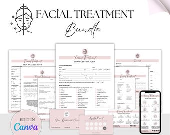 May include: A pink and white printable bundle for facial treatments. The bundle includes forms for skin analysis, consultations, aftercare advice, an invoice, and a loyalty card. The text "Facial Treatment Bundle" is at the top of the image. The text "EDIT IN Canva" is in a pink circle at the bottom left of the image. The text "FORMS + AFTERCARE + INVOICE + LOYALTY CARD" is at the bottom of the image.