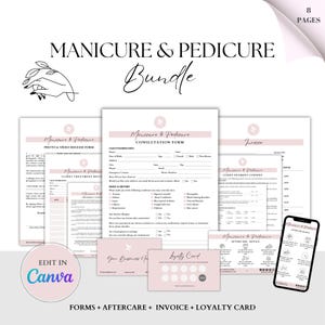 Puede incluir: Un conjunto de formularios imprimibles para un negocio de manicura y pedicura. Los formularios incluyen un formulario de liberación de foto y video, un formulario de consulta, un registro de tratamiento de clientes, un formulario de consentimiento de pago de clientes, consejos de cuidado posterior, una factura y una tarjeta de fidelización. Los formularios están diseñados en un esquema de color rosa y blanco con una estética simple y moderna.