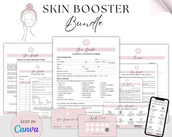 Puede incluir: Un paquete imprimible rosa y blanco para un negocio de refuerzo de la piel. El paquete incluye formularios para información del cliente, autorización de fotos y videos, registro del cliente, consulta, consejos de cuidado antes y después del tratamiento, consejos después del tratamiento, una factura y una tarjeta de fidelización.