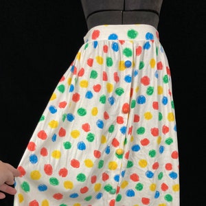 vintage cotton 80s white/off white polka dot skirt multi colored with half elastic waist big plastic buttons and POCKETS made by Aileen