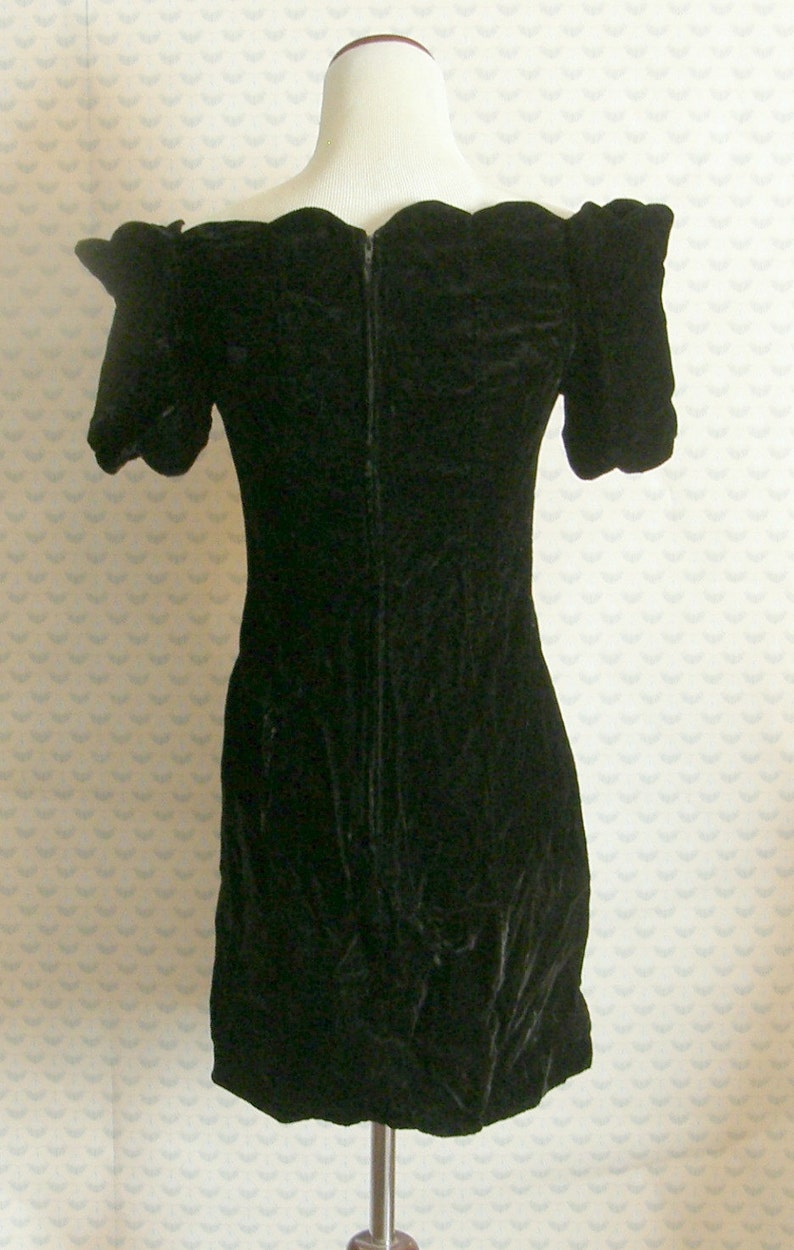 80s velvet off the shoulder cocktail mini dress with scalloped neckline