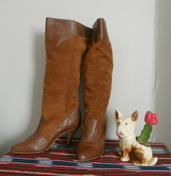 1970s suede and leather heeled calf length boots - image 1