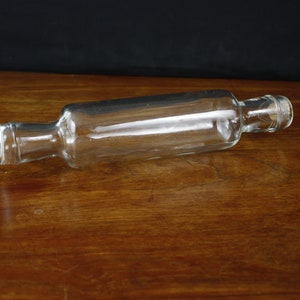 antique vintage Clear glass rolling pin with cork and M stamp