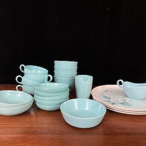 lot of teal turquoise melamine mixed set wtih coffee cups bowls plates and creamer gravy boat