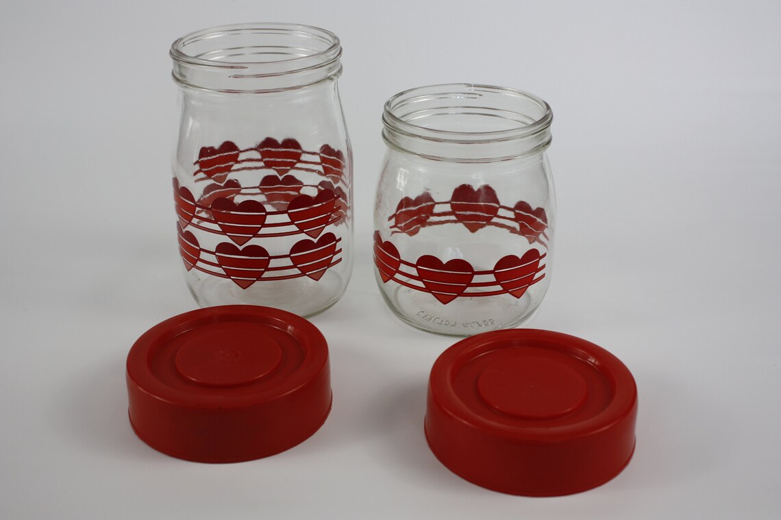 Set of Two Vintage Heart Canisters 80s Jar Carlton Glass Red Etsy