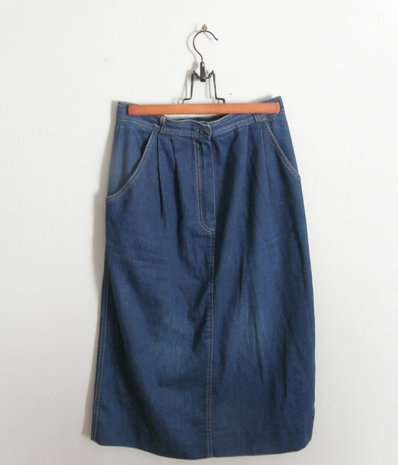 vintage retro seventies/80s midi dark denim skirt… - image 1