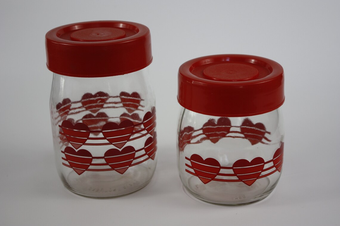 Set of Two Vintage Heart Canisters 80s Jar Carlton Glass Red Etsy
